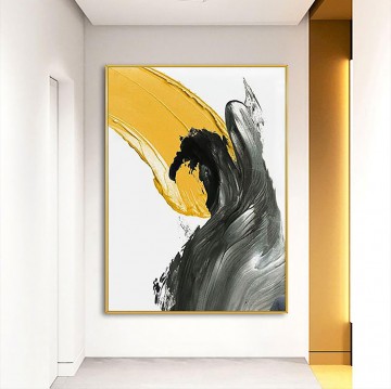  Palette Tableau - Coup de pinceau noir jaune abstrait par Couteau à palette art mural minimalisme